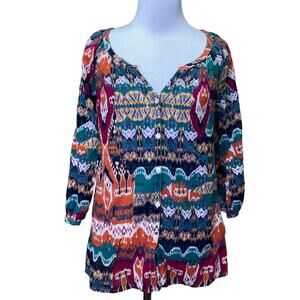 Lucky Brand Multi Colored Print 3/4 Sleeve Button Up Blouse Size Small